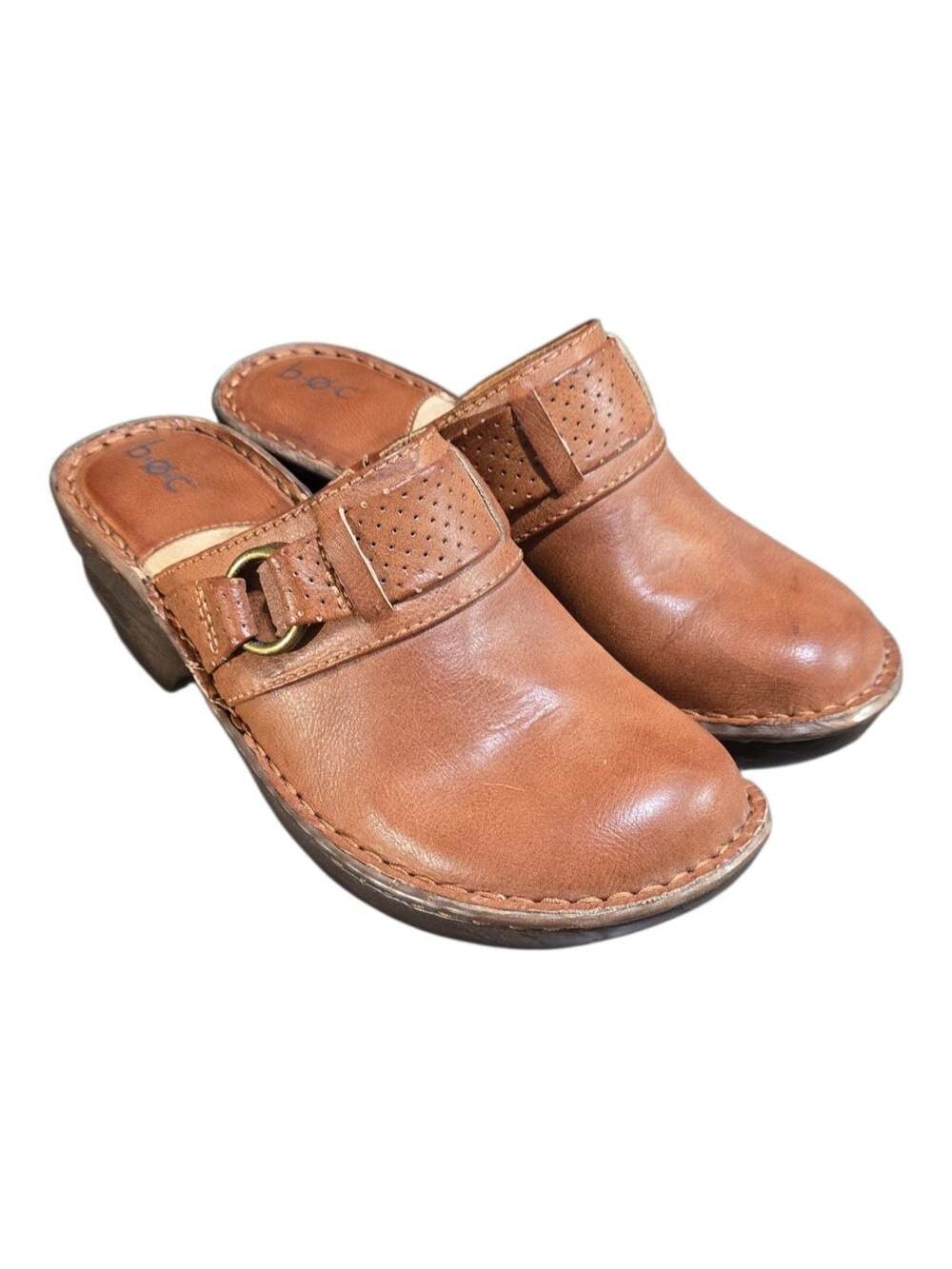 b.o.c. Polly Brown Leather Perforated Buckle Clogs Size 7
